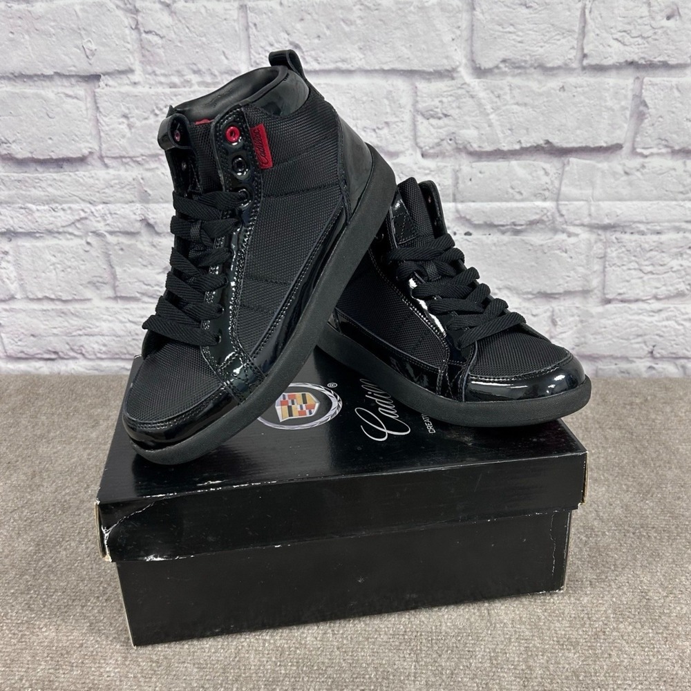 RARE Vintage Cadillac Kids High Top‎ Sneakers Black Patent Logo Lace Up Size 3.5